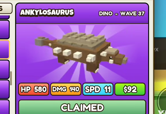 Ankylosaurus card, purple header, DINO - WAVE 37, HP 580, DMG 140, SPD 11, $92