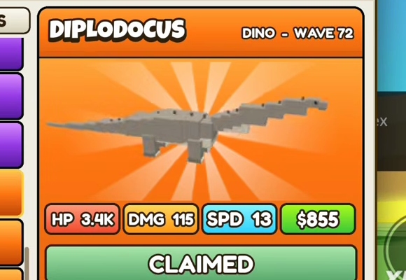 Diplodocus card: orange header, DINO - WAVE 72, HP 3.4K, DMG 115, SPD 13, $855