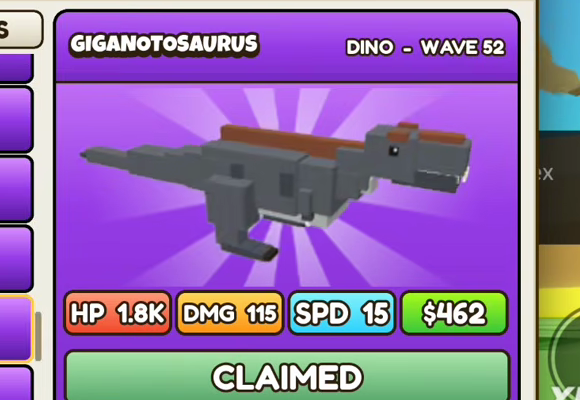 Giganotosaurus card: purple header, DINO - WAVE 52, HP 1.8K, DMG 115, SPD 15, $462