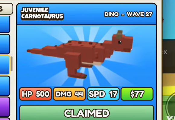 Juvenile Carnotaurus card: blue header, DINO - WAVE 27, HP 500, DMG 44, SPD 17, $77
