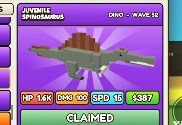 Juvenile Spinosaurus card: purple header, DINO - WAVE 52, HP 1.6K, DMG 100, SPD 15, $387
