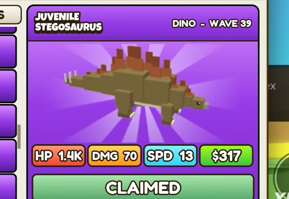 Juvenile Stegosaurus card: purple header, DINO - WAVE 39, HP 1.4K, DMG 70, SPD 13, $317