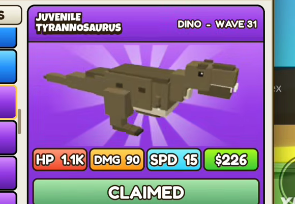 Juvenile Tyrannosaurus card: purple header, DINO - WAVE 31, HP 1.1K, DMG 90, SPD 15, $226