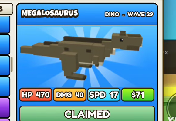 Megalosaurus card: blue header, DINO - WAVE 29, HP 470, DMG 40, SPD 17, $71
