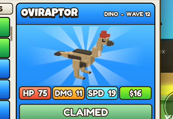 Oviraptor card: blue header, DINO - WAVE 12, HP 75, DMG 11, SPD 19, $16