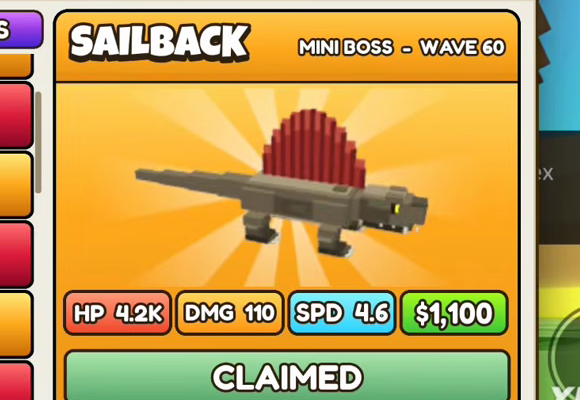 Sailback, MINI BOSS - WAVE 60, HP 4.2K, DMG 110, SPD 4.6, $1,100