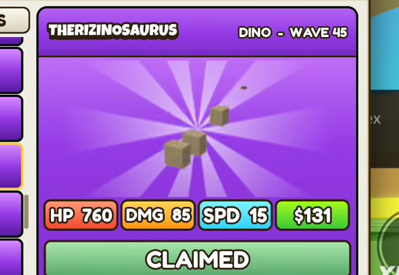 Therizinosaurus card: purple header, DINO - WAVE 45, HP 760, DMG 85, SPD 15, $131