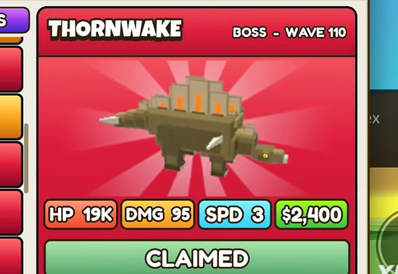 Thornwake card: red header, BOSS - WAVE 110, HP 19K, DMG 95, SPD 3, $2,400