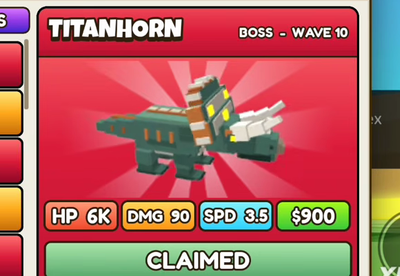 Titanhorn boss card, BOSS - WAVE 10, HP 6K, DMG 90, SPD 3.5, $900