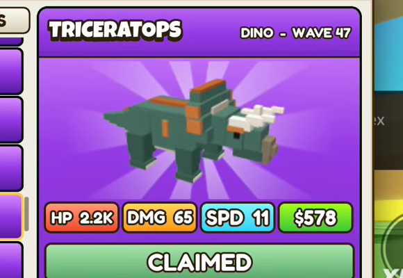 Triceratops card: purple header, DINO - WAVE 47, HP 2.2K, DMG 65, SPD 11, $578