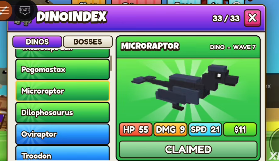 Dino Index open on Microraptor with DINOS and BOSSES tabs
